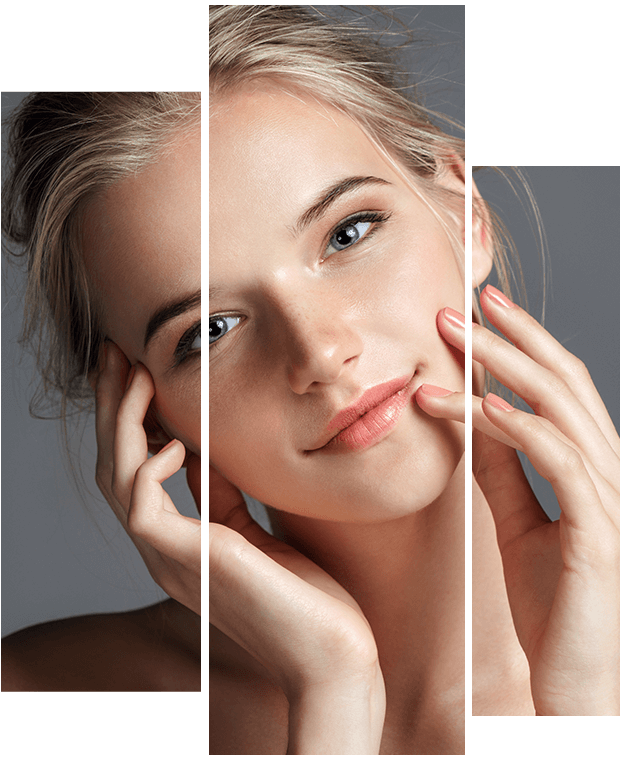 Portrait of a young woman with light skin and blonde hair, divided into three vertical segments. She has her hands gently touching her face and is looking directly at the camera, evoking a serene vibe reminiscent of relaxing days in Reno.