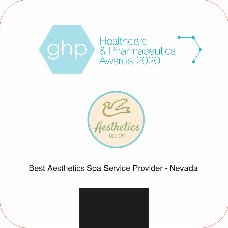 Award certificate from GHP Healthcare & Pharmaceutical Awards 2020, recognizing Aesthetics Med Spa in Reno as the Best Aesthetics Spa Service Provider in Nevada.