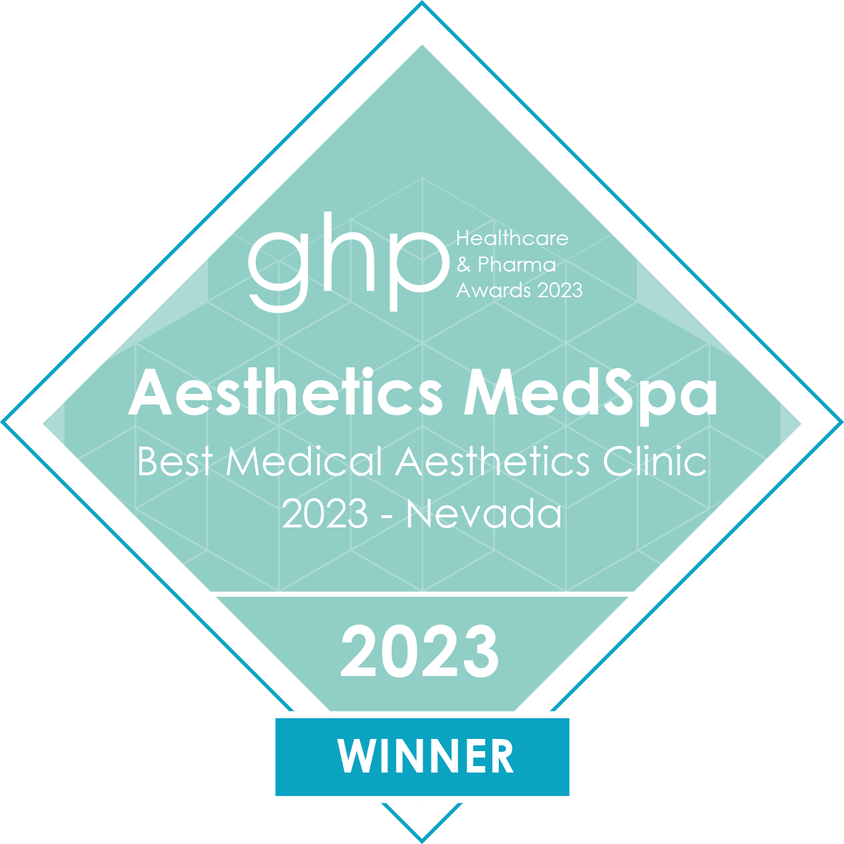 Diamond-shaped award badge for Aesthetics MedSpa in Reno, recognized as the Best Medical Aesthetics Clinic 2023 in Nevada by the GHP Healthcare & Pharma Awards.