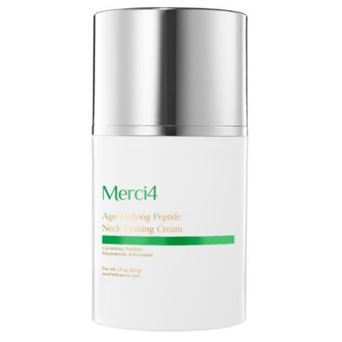 White and silver bottle of Merci4 Age Defying Peptide Neck Firming Cream, an aesthetics med spa favorite in Reno, with ceramides, peptides, niacinamide, and antioxidants, labeled 1.7 oz (50 g).