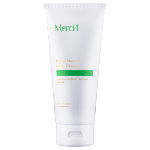 A white tube labeled Merci4 Papaya Enzyme Gentle Cleanser, infused with Papain Enzyme, Green Tea Extract, and Vitamin E, makes a perfect addition to any aesthetics med spa routine.