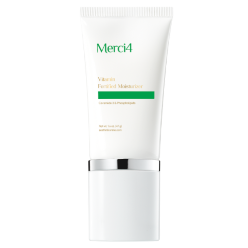 Merci4 Vitamin Fortified Moisturizer tube with Ceramide 3.5 Phospholipids, perfect for post-visit care from your favorite aesthetics med spa, displayed on a sleek white background.