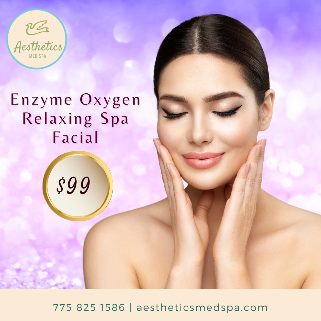 Woman enjoying a spa facial treatment, advertising an enzyme oxygen spa facial for $99.