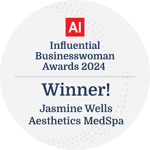 A round badge for "AI Influential Businesswoman Awards 2024" with "Winner! Jasmine Wells, Aesthetics MedSpa" text in the center.