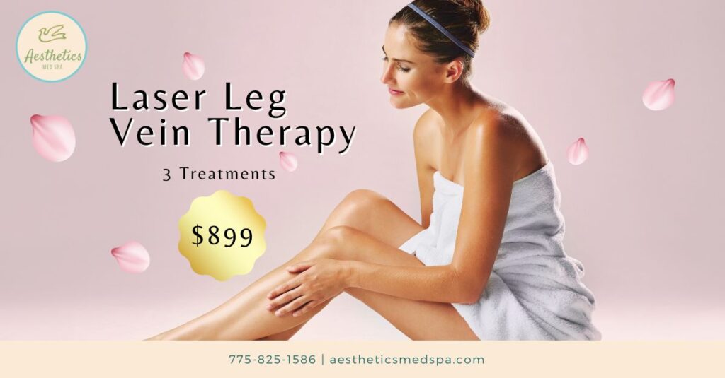 Woman wrapped in a towel, seated, promoting Laser Leg Vein Therapy - 3 Treatments for $899 in Reno, Nevada. Contact details and the website for Aesthetics Med Spa are provided. Pink petals are scattered around.