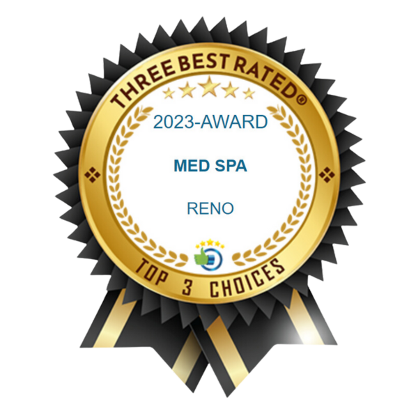 A gold and black badge with the text: "THREE BEST RATED® 2023-AWARD BEST MED SPA RENO TOP 3 CHOICES.