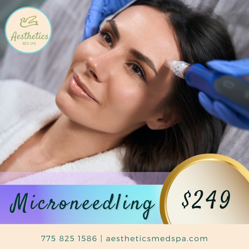 A person receiving a microneedling treatment in a serene Reno spa setting. The sign reads "Aesthetics Med Spa" and lists the price as "$249," with contact details provided below.