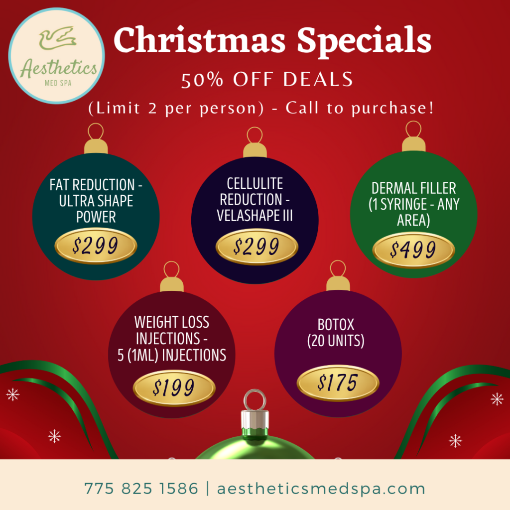 Advertisement for Aesthetics med spa. Christmas special with 50% off deals, including fat reduction, cellulite reduction, dermal filler, weight loss injections, and botox, with prices listed.