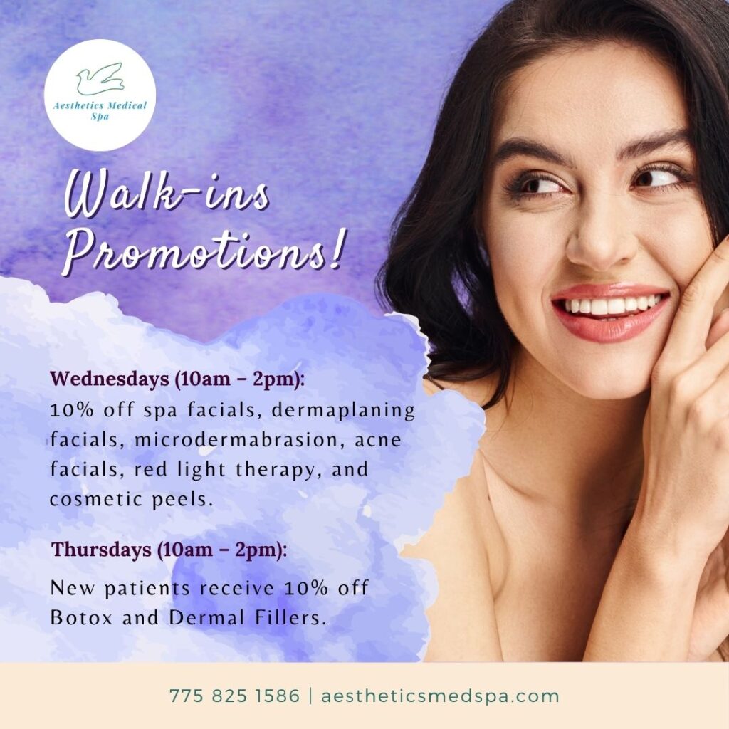 Woman smiling with hand near face. Text lists spa promotions: discounts on facials, microdermabrasion, therapy, and fillers for walk-ins on Wednesdays and Thursdays at Aesthetic Med Spa.