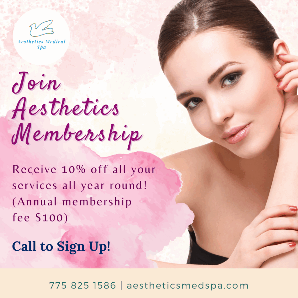 A woman with clear skin is featured alongside text highlighting Med Spa Specials. Enjoy a 10% discount on services with an Aesthetics Med Spa membership, priced at a $100 annual fee. Contact info is provided.