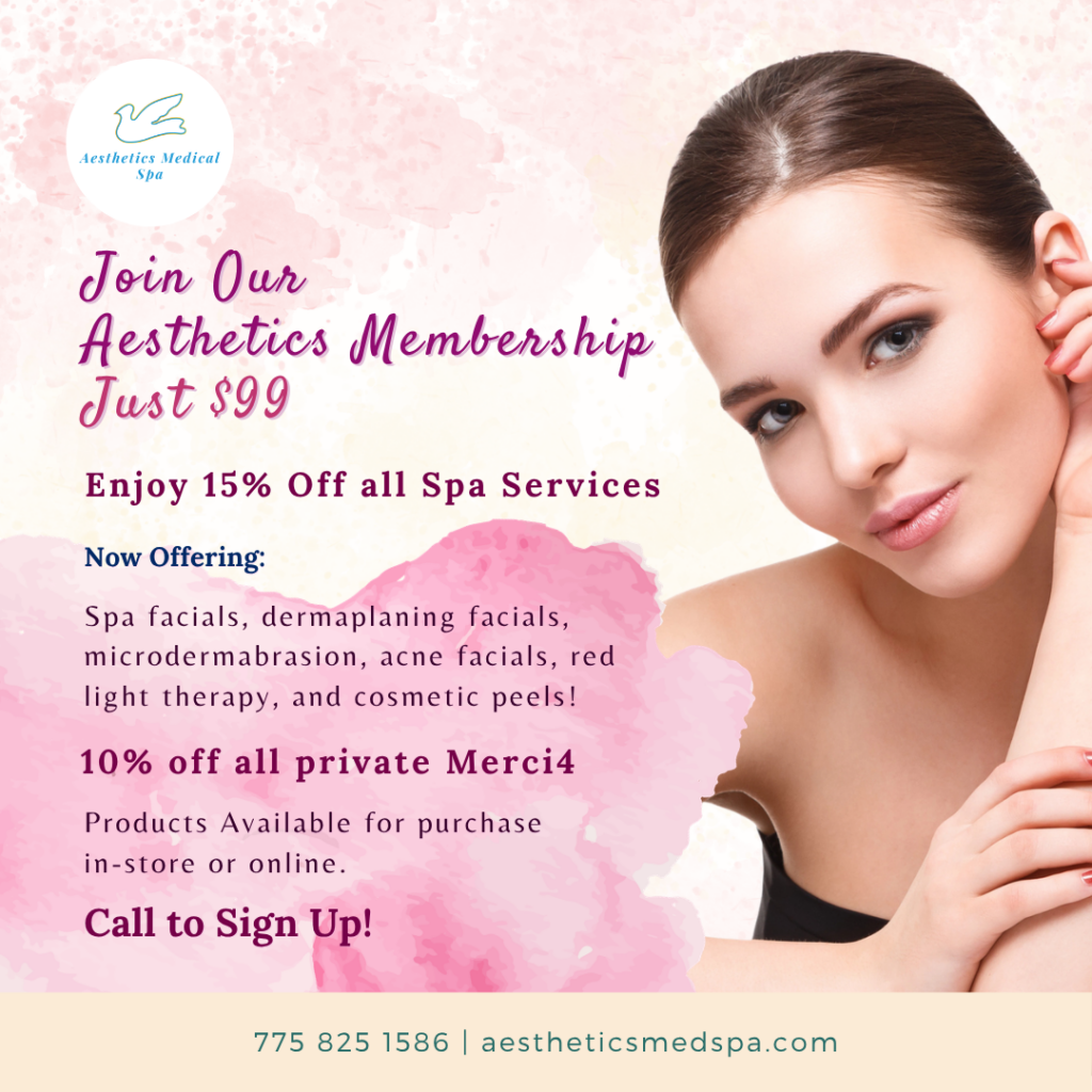 A promotional ad for Aesthetic Medical Spa featuring membership benefits, a woman's face, and contact details on a pastel background.