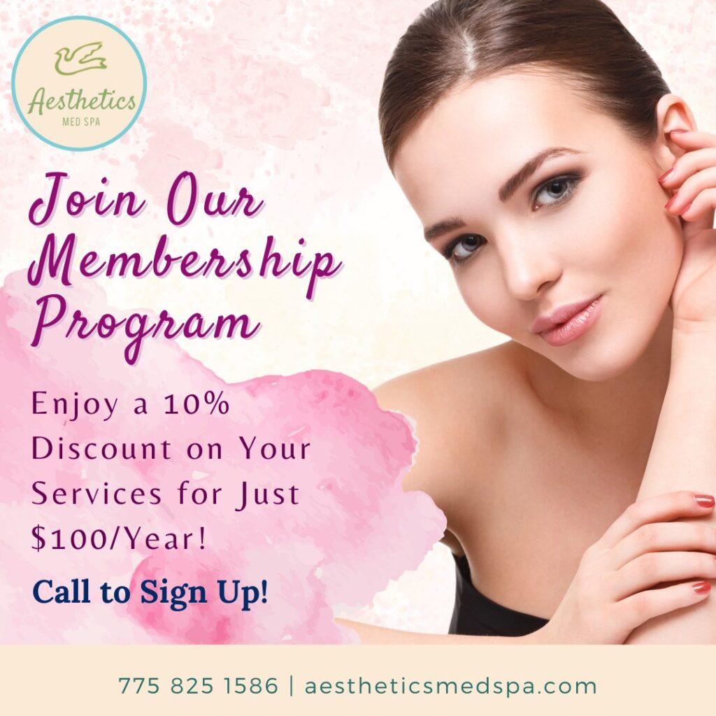 Aesthetic Med Spa advertisement promoting a membership program with a 10% discount for $100/year. Features a woman with flawless skin and contact information.