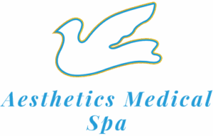 Aesthetics Medspa logo featuring a blue bird icon above the name "Aesthetics Medspa" in blue serif font