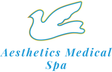 Aesthetics Medspa logo featuring a blue bird icon above the name "Aesthetics Medspa" in blue serif font