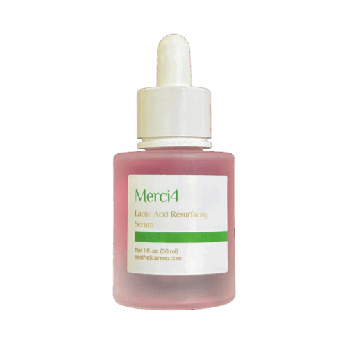 A frosted glass dropper bottle labeled "Lactic Acid Resurfacing Serum" sits against a white background, containing pink liquid.