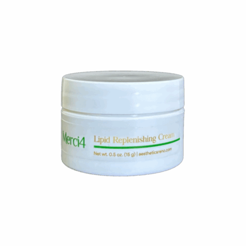 A small white jar labeled "Merci4 Lipid Replenishing Cream," net weight 0.5 oz (15 g), with green and orange text on a white background.