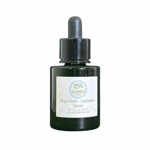 A dark green glass dropper bottle labeled "Phyto Multi-Correction Serum" with a gray rubber top from Aesthetics Med Spa, displayed on a plain white background.