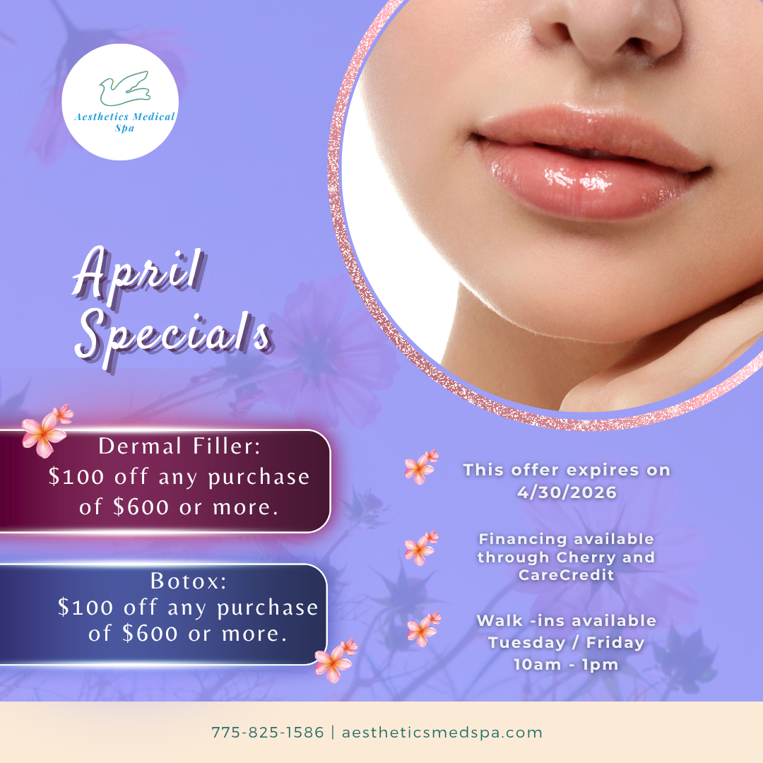 Close-up of a woman's lower face with text advertising April specials for dermal fillers and Botox at Aesthetic Medical Spa, highlighting discounts, expiration date, and contact information.