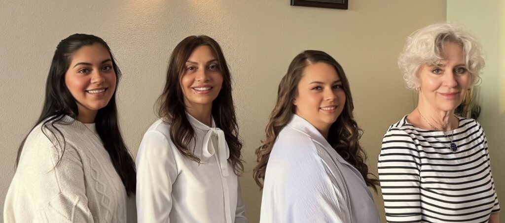 Four women stand in a row indoors at an Aesthetics Medspa in Reno, facing the camera and smiling. They wear light-colored tops, with a plain, light-colored wall as the background, radiating warmth and professionalism.