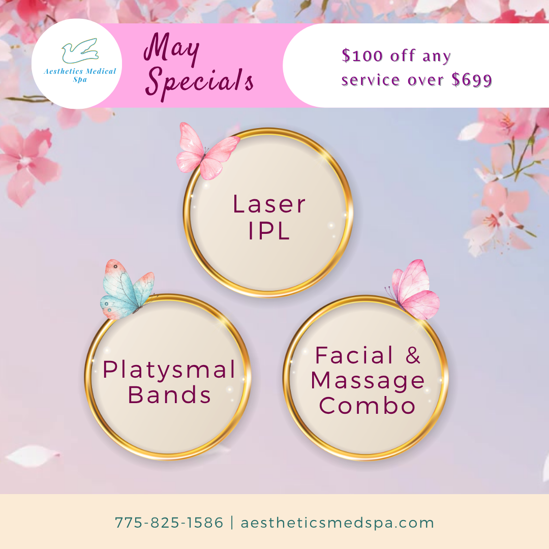 Promotional graphic for Aesthetic Medical Spa’s May Specials, offering discounts on Laser IPL, Platysmal Bands, and Facial & Massage Combo services.