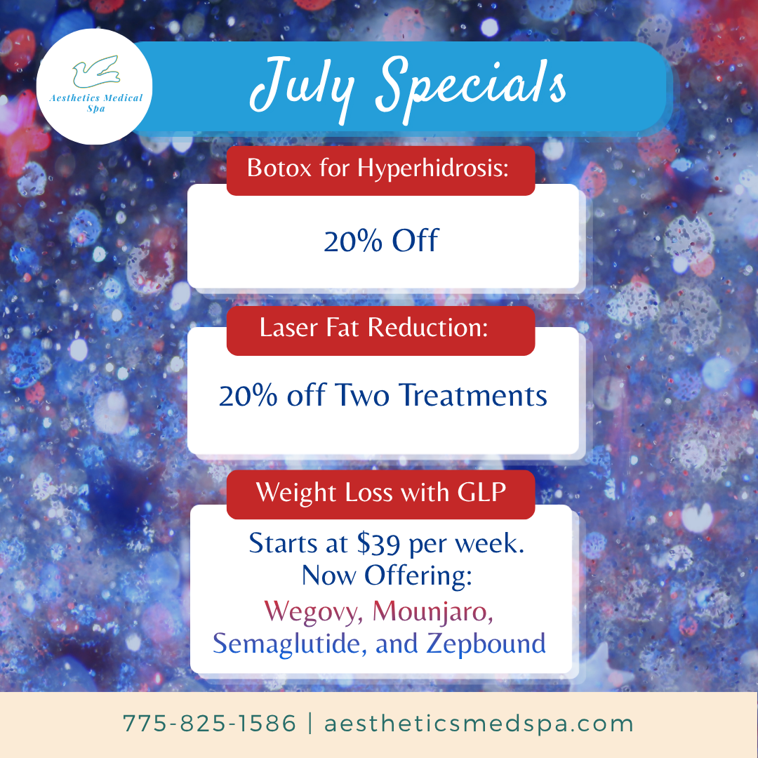 July Specials at Aesthetic Medical Spa: 20% off Botox for hyperhidrosis, 20% off two laser fat reduction treatments, $39 weight loss consults with GLP options. Contact info included.