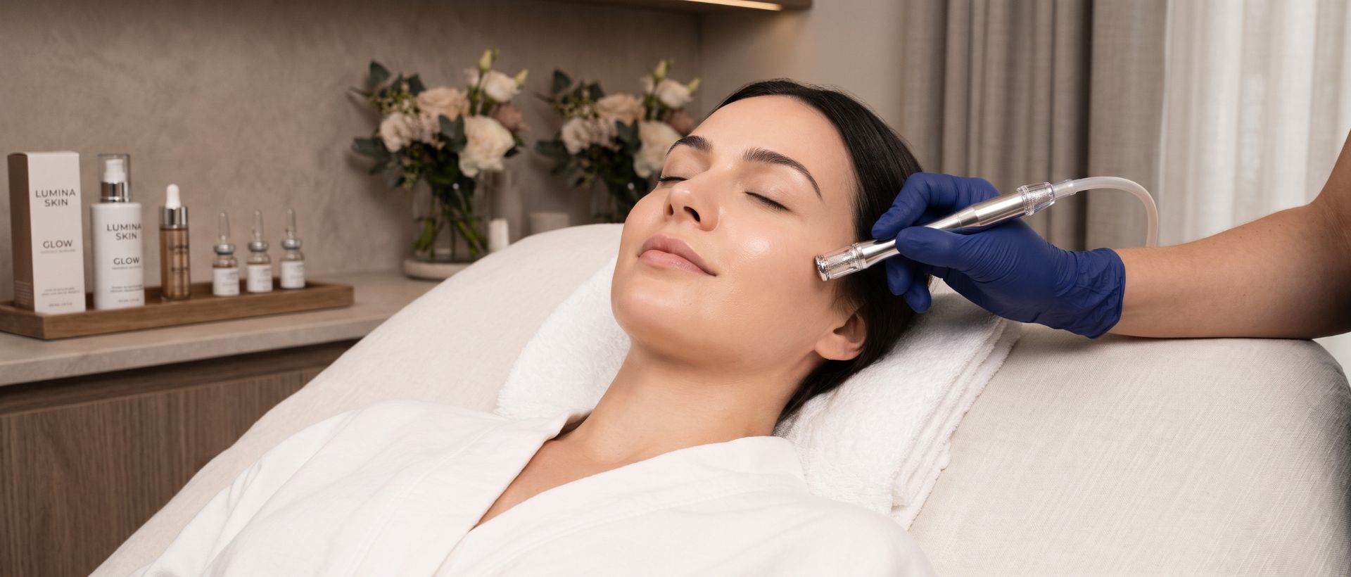 Esthetician performing a skin exfoliation microdermabrasion facial treatment on a relaxed woman.