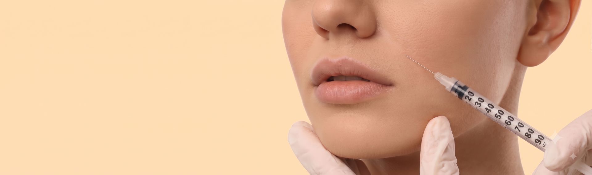 Close-up shot of a patient receiving a dermal filler injection into the nasolabial fold to smooth deep smile lines.