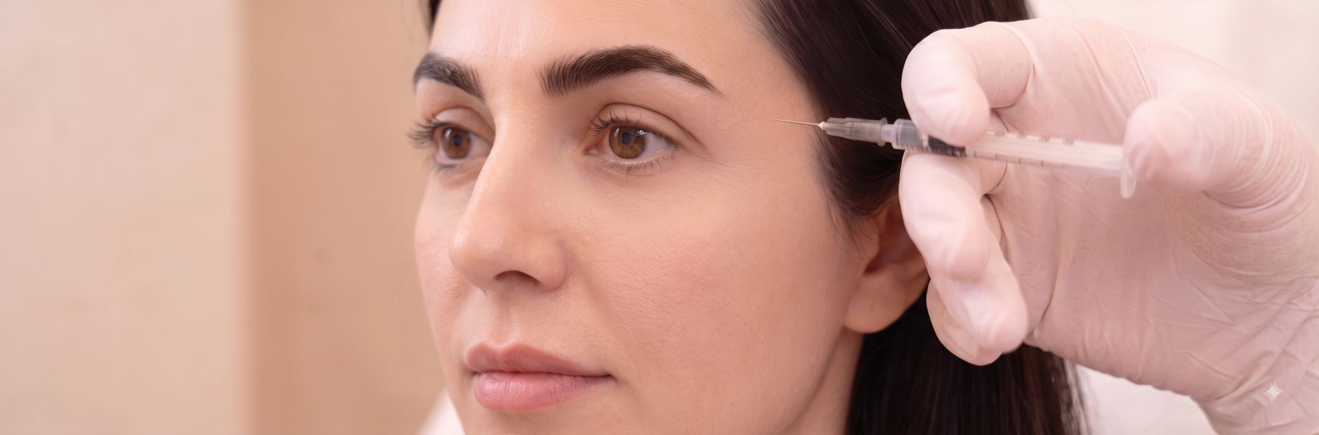 Detailed view of a practitioner administering a dermal filler injection to the temple area to correct hollowing.