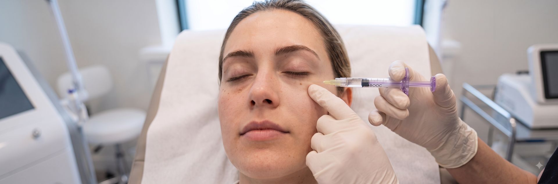 Close-up of a patient receiving a tear trough dermal filler injection under the eyes to treat dark circles and hollows.