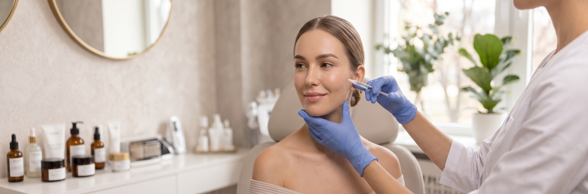 A healthcare provider administering a cheek dermal filler injection to a woman in a cosmetic clinic for facial contouring.